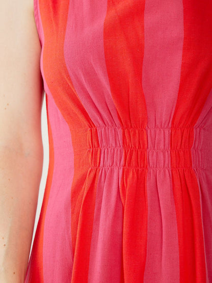 Sleeveless Midi Dress in Red & Pink Stripe | Mata Traders