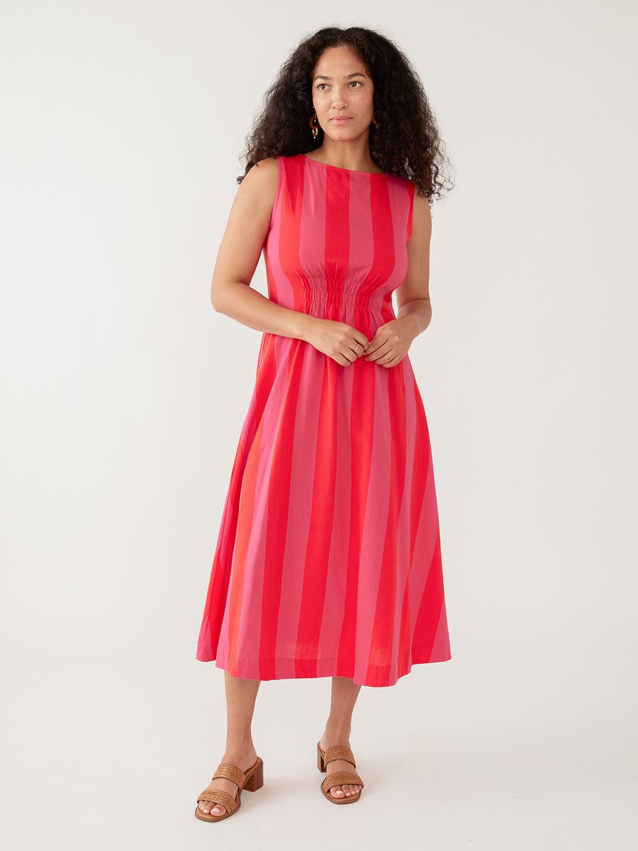 Sleeveless Midi Dress in Red & Pink Stripe | Mata Traders