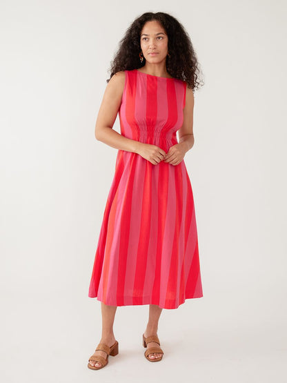 Sleeveless Midi Dress in Red & Pink Stripe | Mata Traders