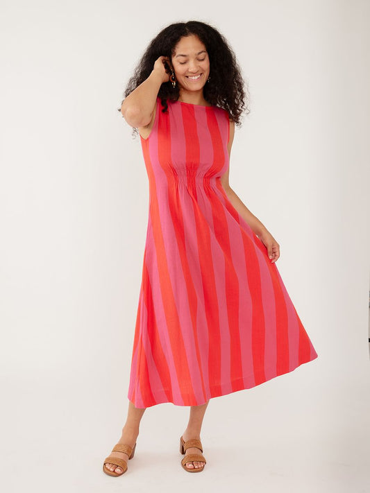 Sleeveless Midi Dress in Red & Pink Stripe | Mata Traders