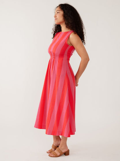 Sleeveless Midi Dress in Red & Pink Stripe | Mata Traders