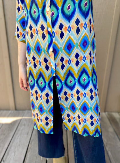 Button Up Tunic in Blue Diamonds