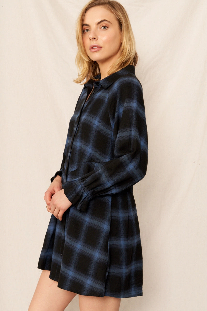 Plaid Button Dress in Navy