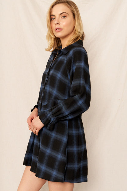 Plaid Button Dress in Navy
