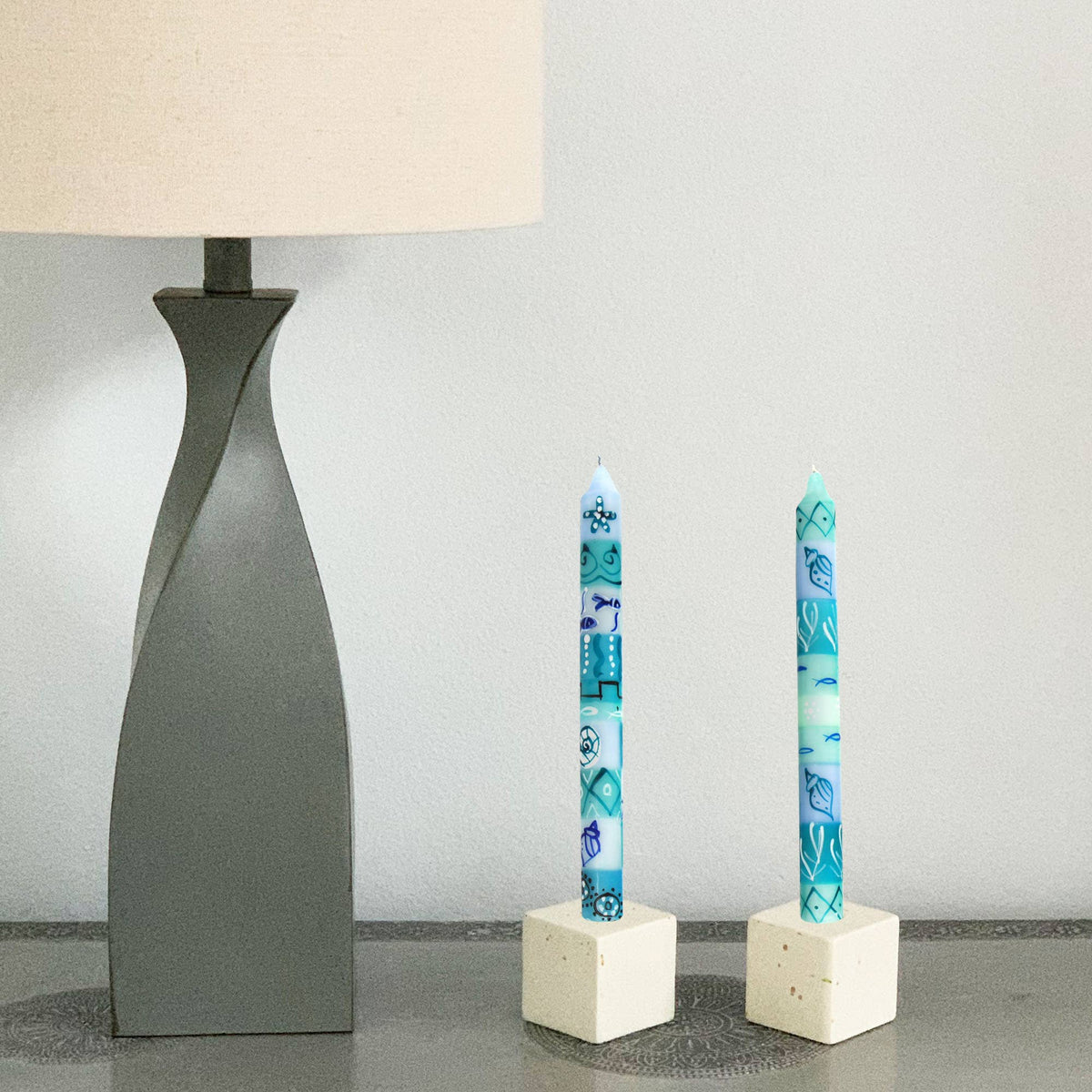 Teal Blue Hand-Painted Taper Candles Pair