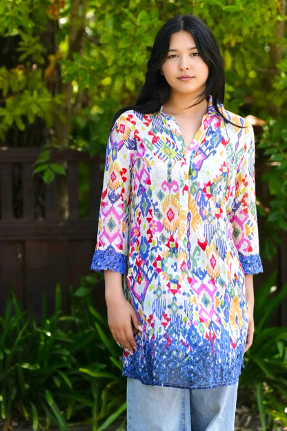Tosca Button Tunic in White Multi