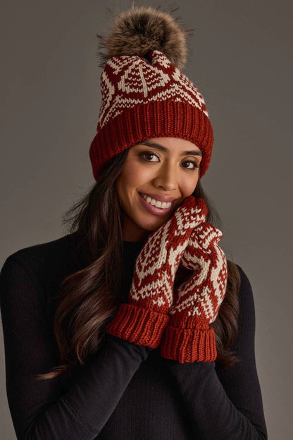 Rust & Beige Patterned Pom Hat