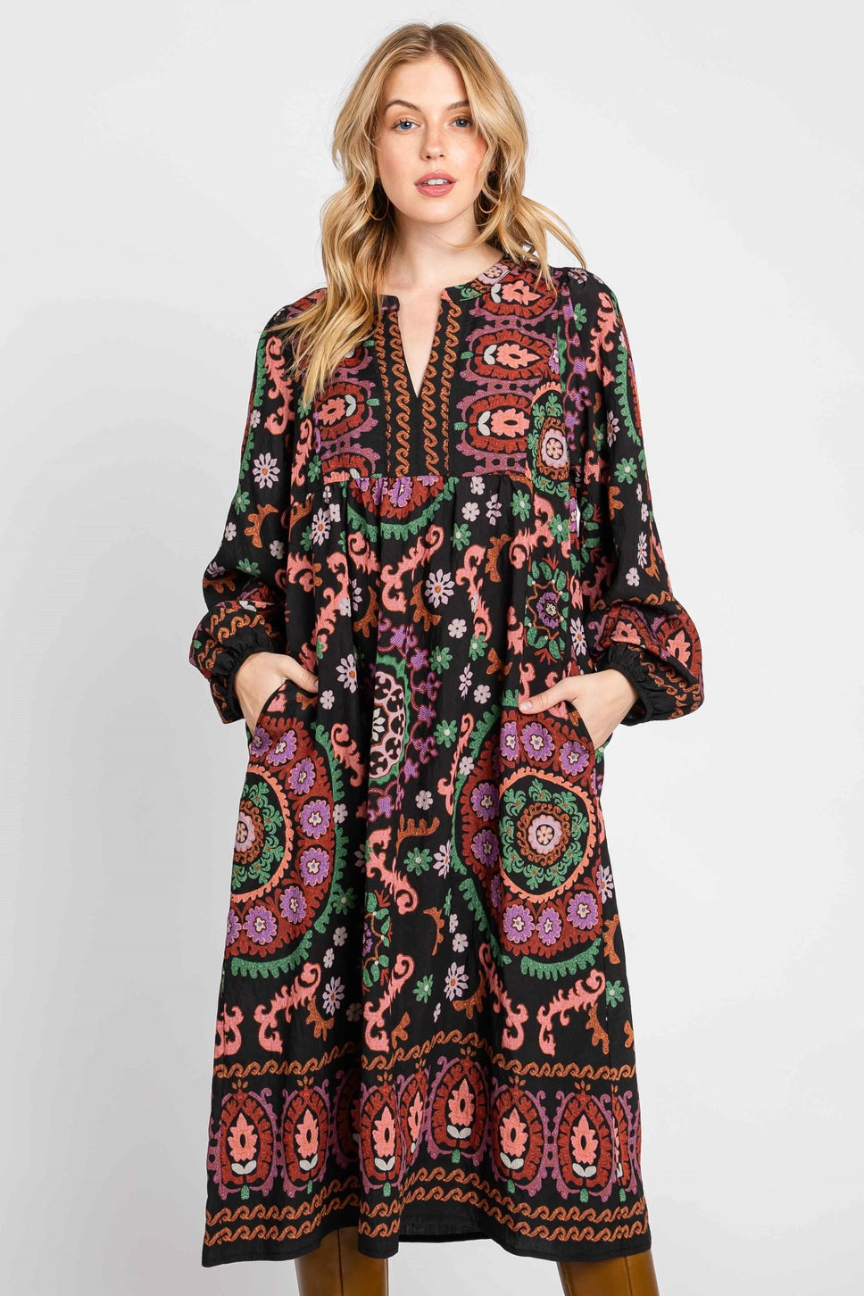 Colorful Medallion Blouson Sleeve Dress