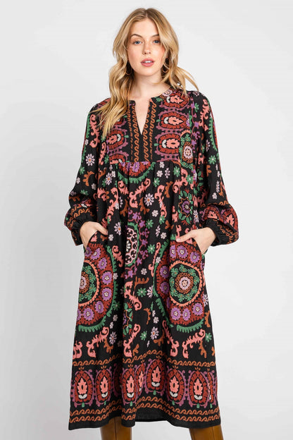 Colorful Medallion Blouson Sleeve Dress