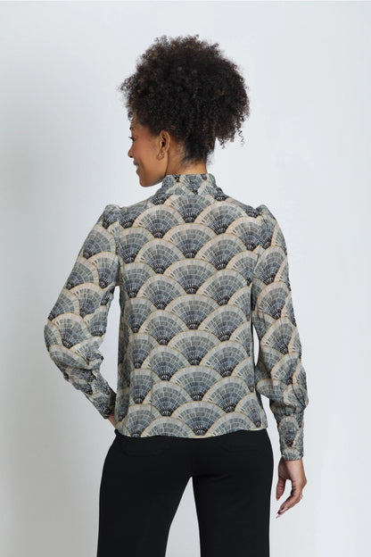 High Collar Blouse in Gray Fan Print | APNY