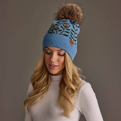 Blue Floral Pattern Pom Hat