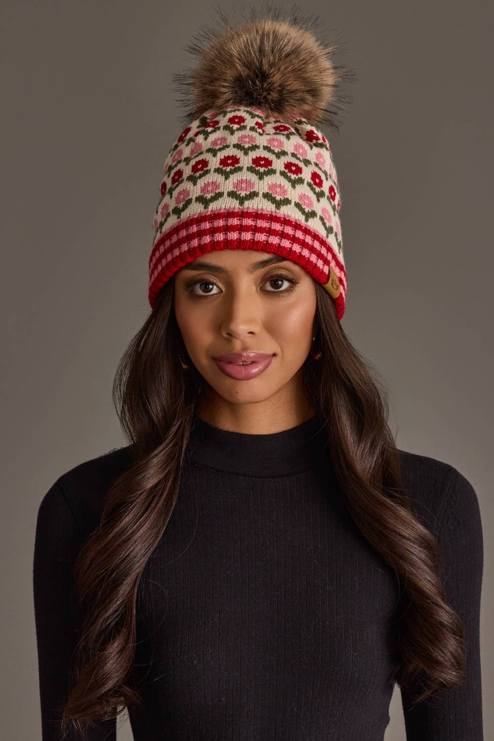 Cream, Red & Pink Floral Pattern Pom Hat