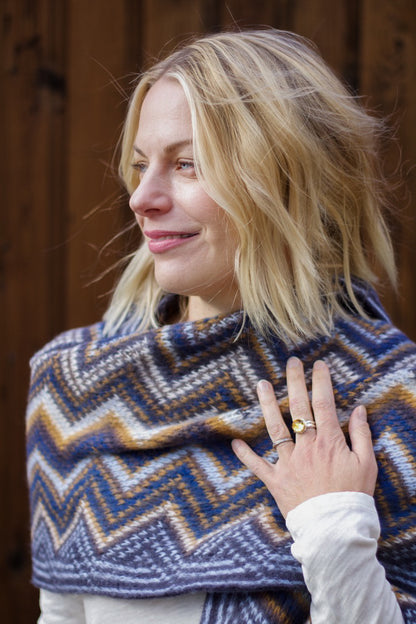 Chevron Fringe Scarf in Neutral Navy