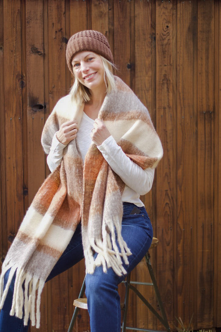 Wide Stripe Fringe Scarf in Neutral