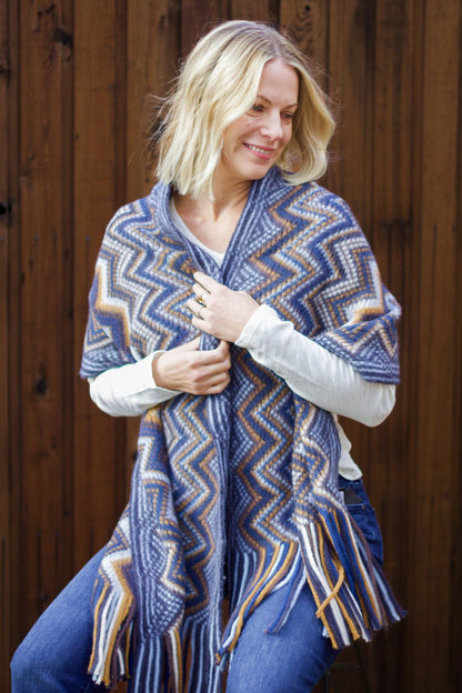 Chevron Fringe Scarf in Neutral Navy