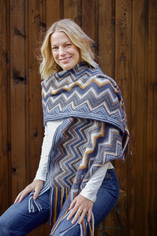 Chevron Fringe Scarf in Neutral Navy