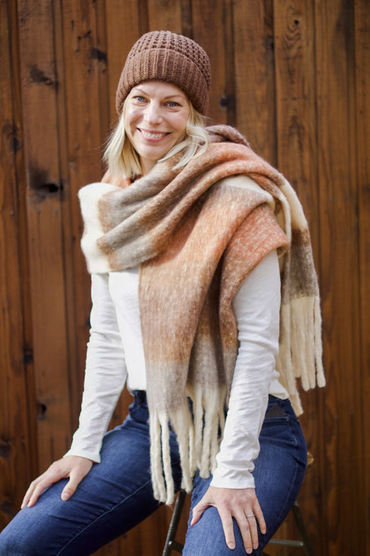 Wide Stripe Fringe Scarf in Neutral