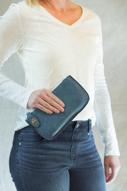 Mini Crossbody Wristlet Clutch in Washed Denim