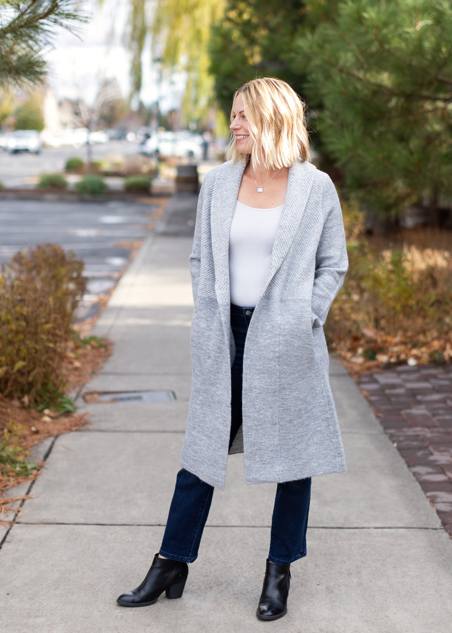 Shawl Collar Sweater Coat in Gray & White Stripe