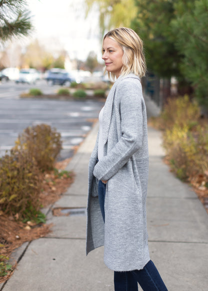 Shawl Collar Sweater Coat in Gray & White Stripe