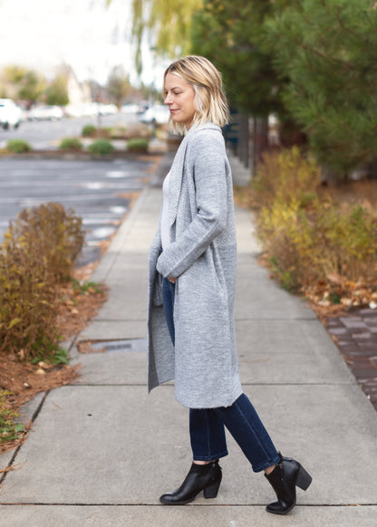 Shawl Collar Sweater Coat in Gray & White Stripe