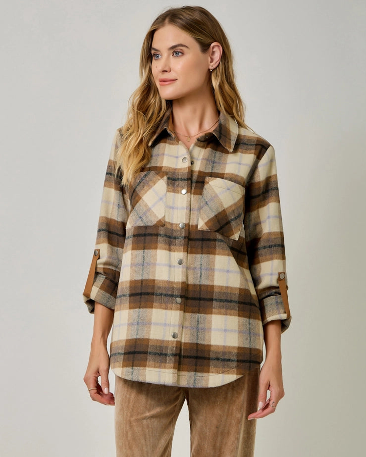 Brushed Shirt Jacket in Toffee Plaid