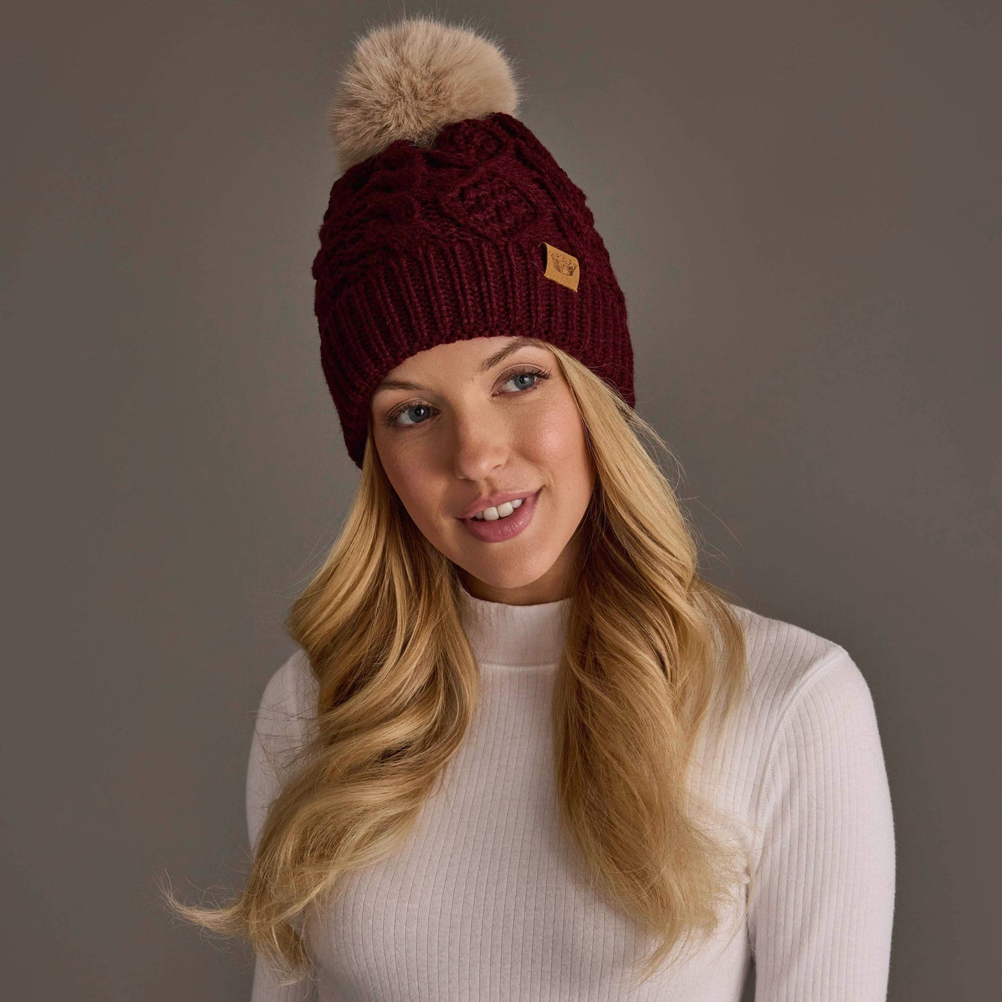 Burgundy Cable Knit Pom Hat