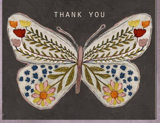 Gray Butterfly Flowers Thank You Card