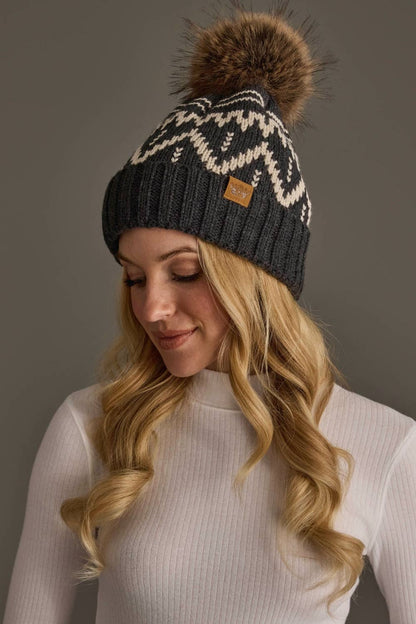 Charcoal & Beige Patterned Pom Hat