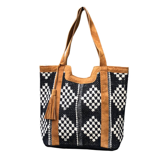 Leather Trimmed Woven Tote Bag