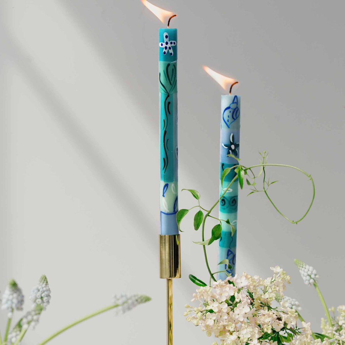 Teal Blue Hand-Painted Taper Candles Pair