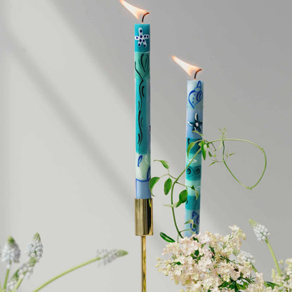 Teal Blue Hand-Painted Taper Candles Pair