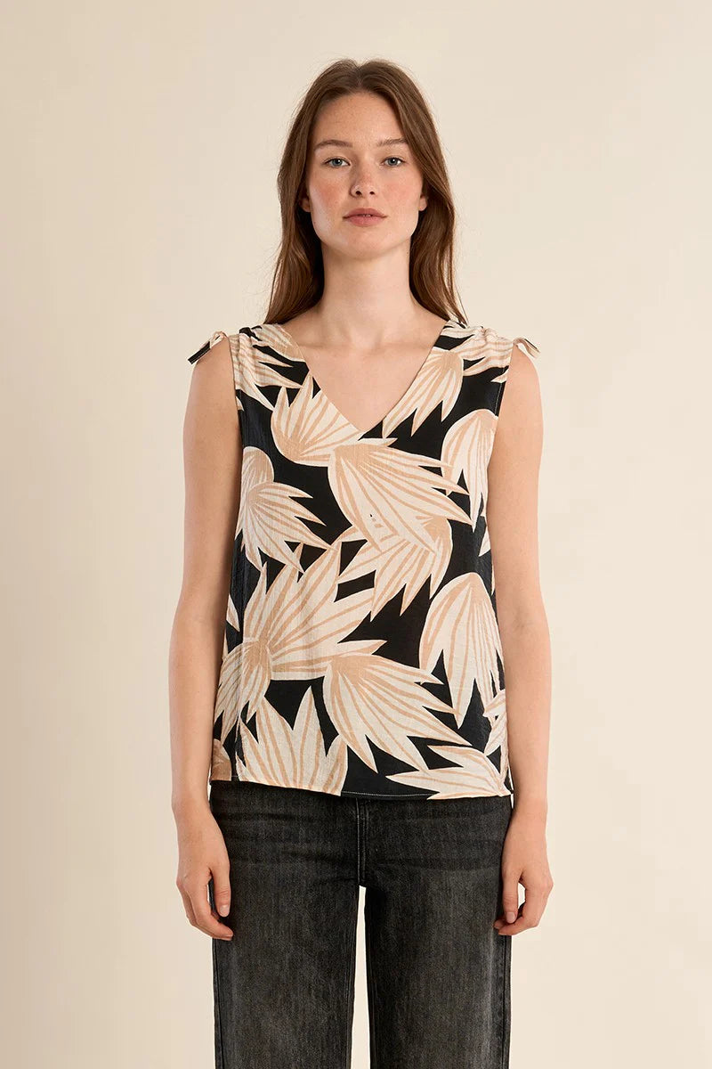 Black & Beige Bold Flower Tank