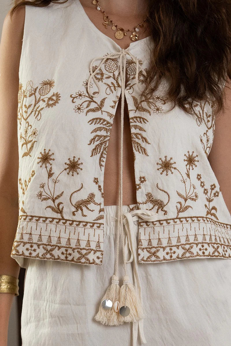 Embroidered Tassel Vest in White