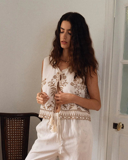 Embroidered Tassel Vest in White