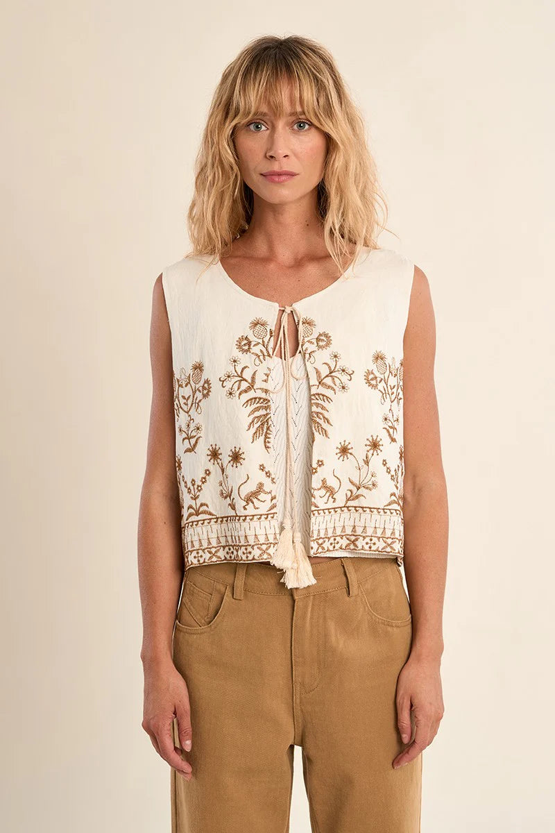 Embroidered Tassel Vest in White