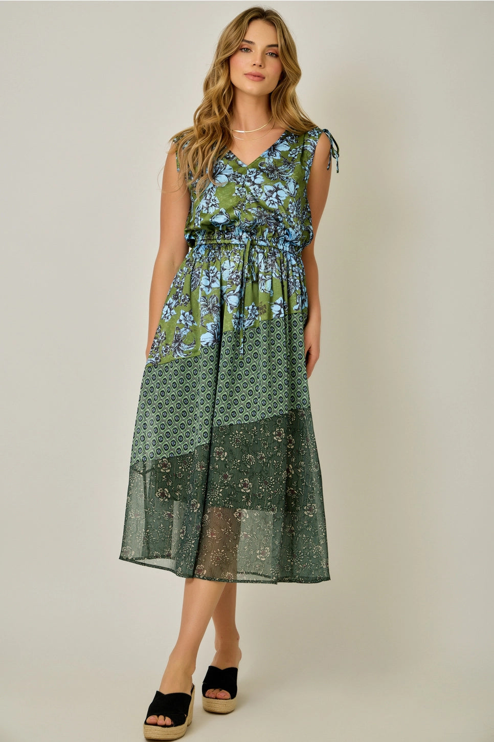 Mixed Print Floral Dress in Emerald