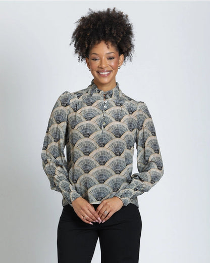 High Collar Blouse in Gray Fan Print | APNY