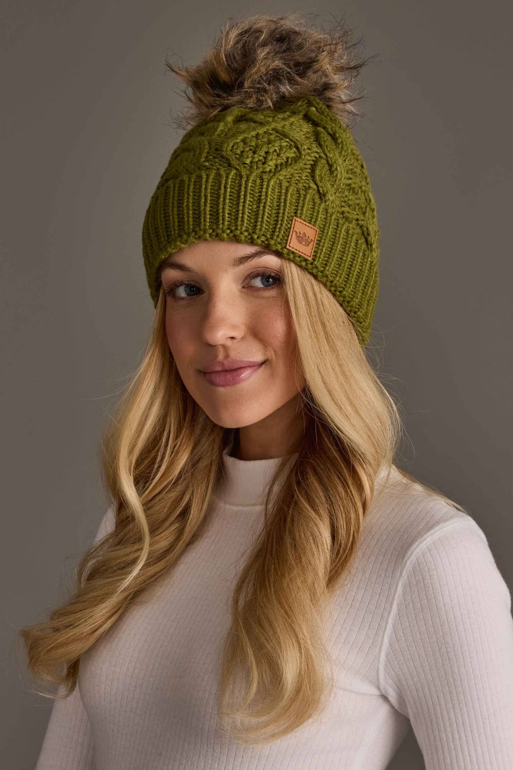 Olive Cable Knit Pom Hat