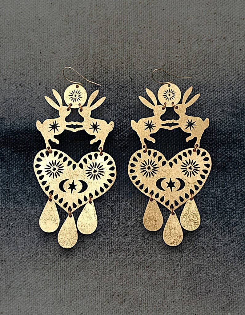 Brass Rabbit Heart Dangle Earrings