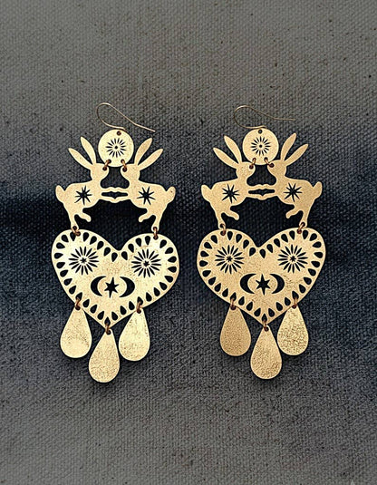 Brass Rabbit Heart Dangle Earrings