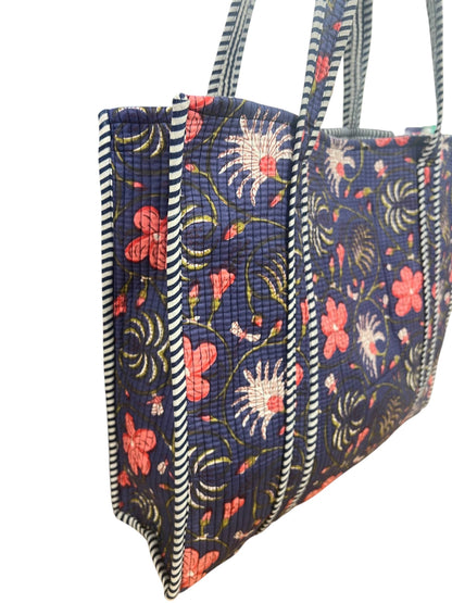 Quilted Cotton Bag in Blue & Pink Floral