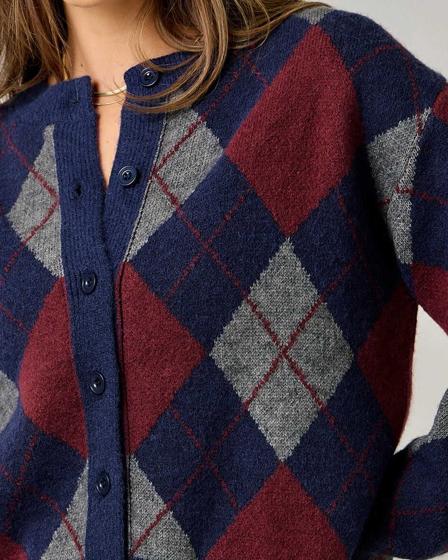 Argyle Cardigan in Navy & Red