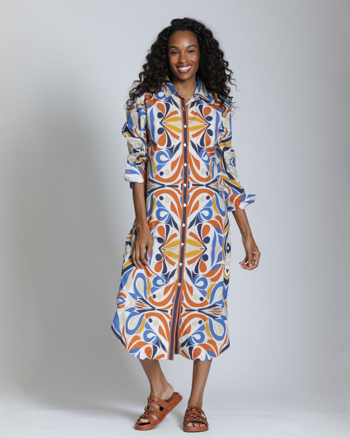 Maxi Cotton Shirt Dress in Blue & Beige | APNY