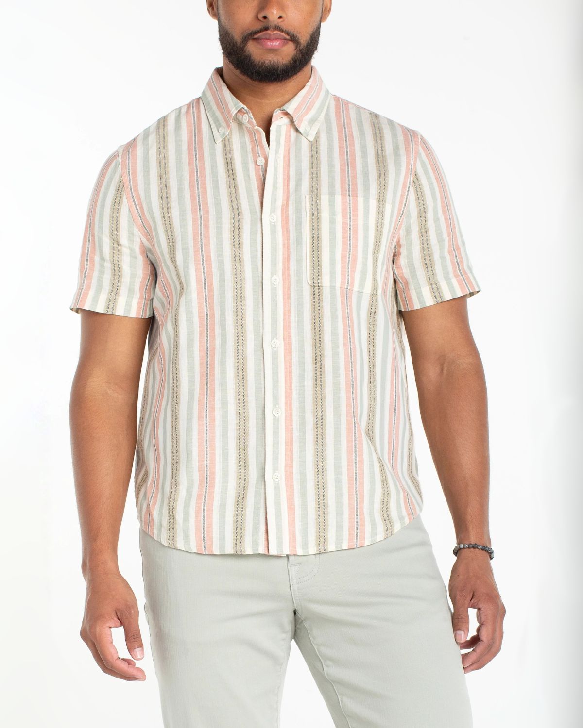 Short Sleeve Button Up in Sage Stripe | Liverpool