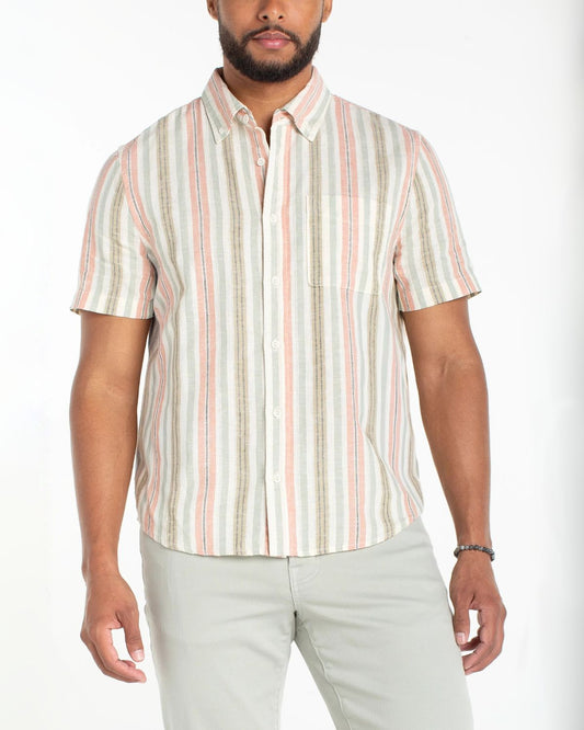 Short Sleeve Button Up in Sage Stripe | Liverpool