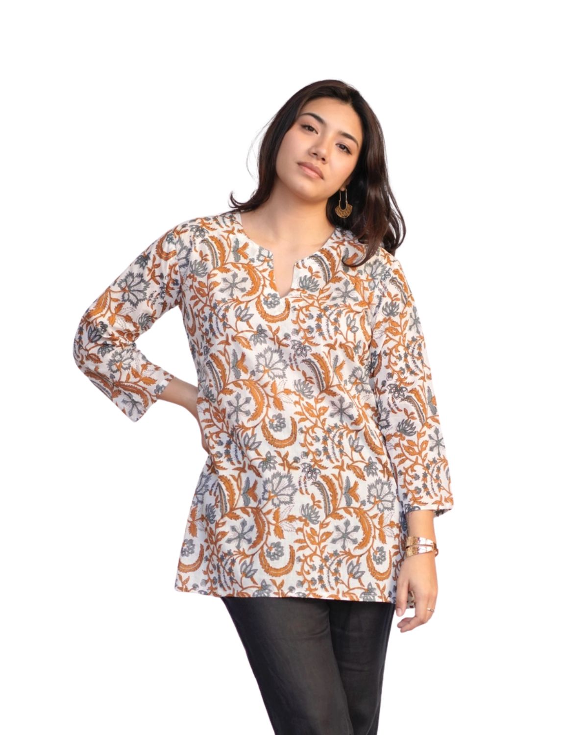 Cotton Tunic Top in Rust & Gray Print