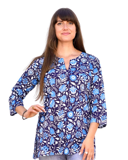 Cotton Tunic Top in Blue Block Print