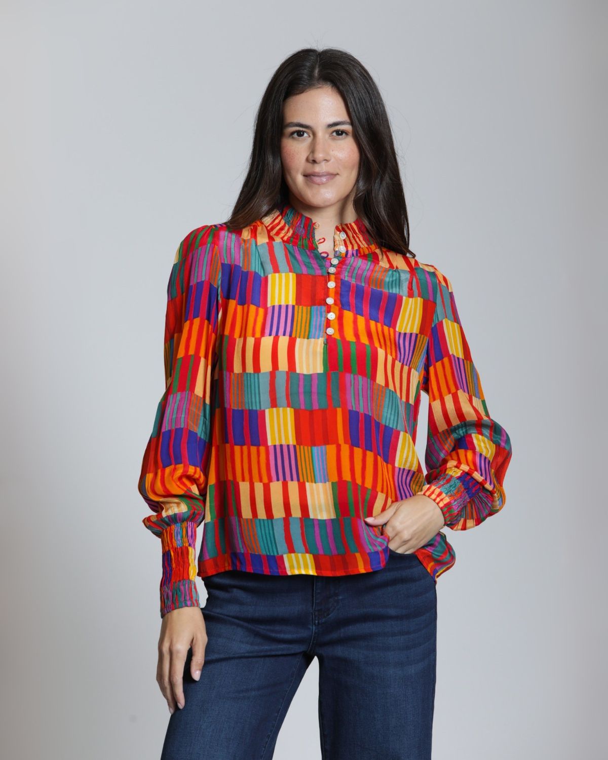 High Collar Blouse in Multicolor Geo Print | APNY