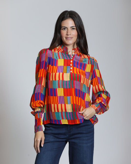High Collar Blouse in Multicolor Geo Print | APNY